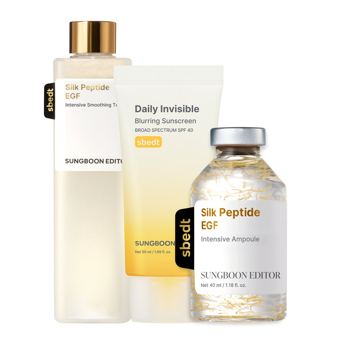 Sungboon Editor No Wrinkles, Iron Out Bundle, Silk Peptide EGF smoothing toner, intensive ampoule and Daily Invisible blurring sunscreen