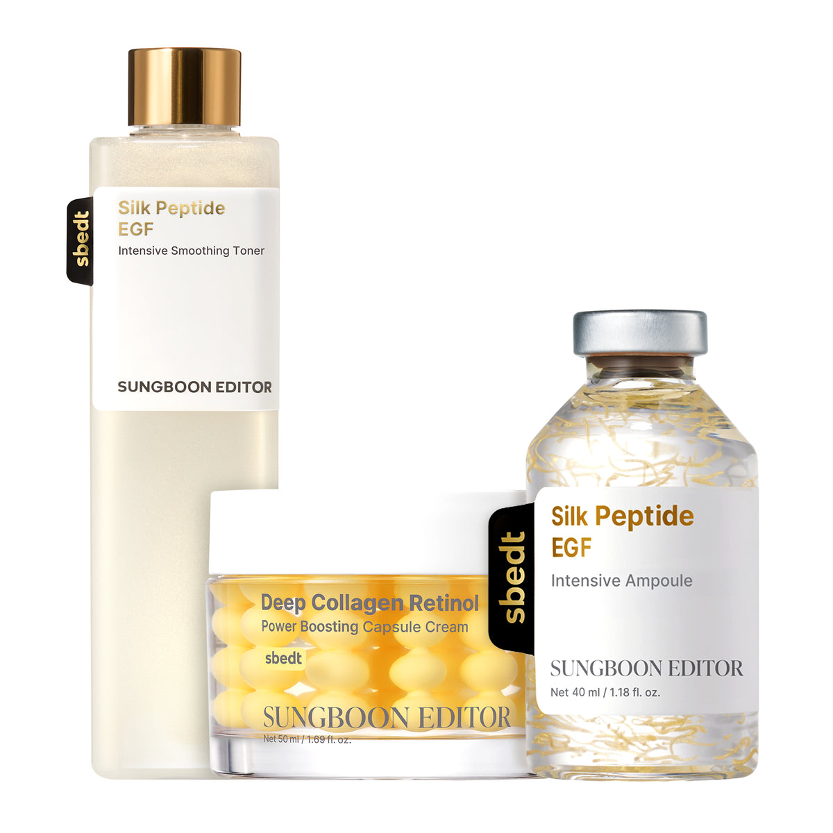 Sungboon Editor EGF-tox Lifting Set, Silk Peptide EGF smoothing toner, Deep Collagen Retinol capsule cream and intensive ampoule