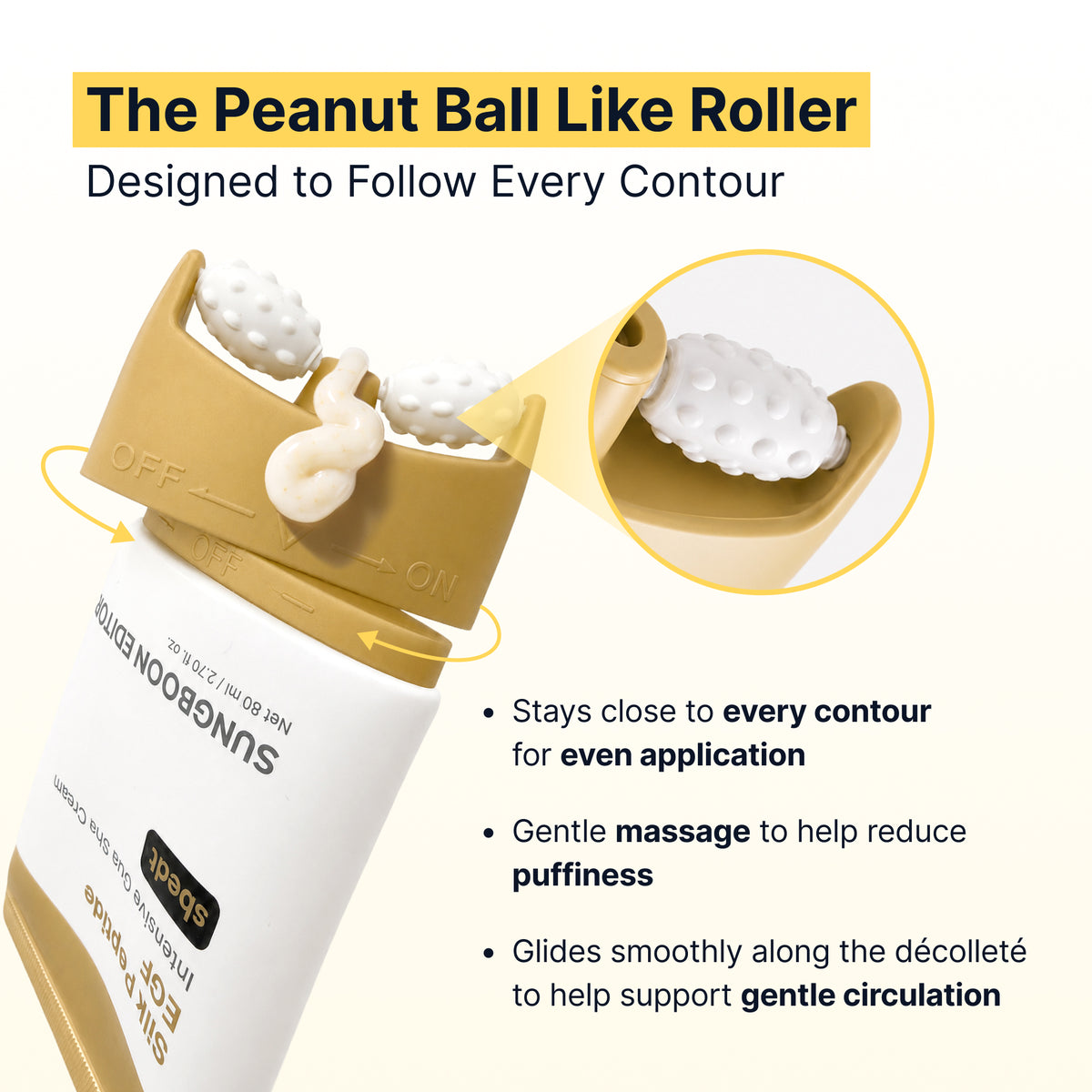 Silk Peptide EGF gua sha neck cream peanut-ball double roller follows every contour for even application and gentle massage