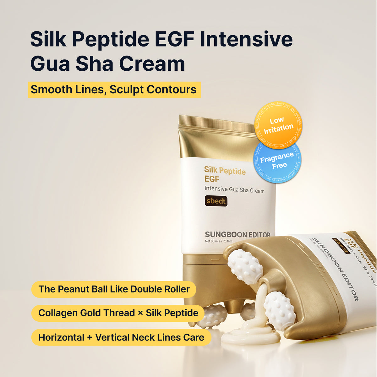 Silk Peptide EGF Intensive Gua Sha Cream, smooths lines and sculpts contours with collagen gold thread and silk peptide, fragrance-free