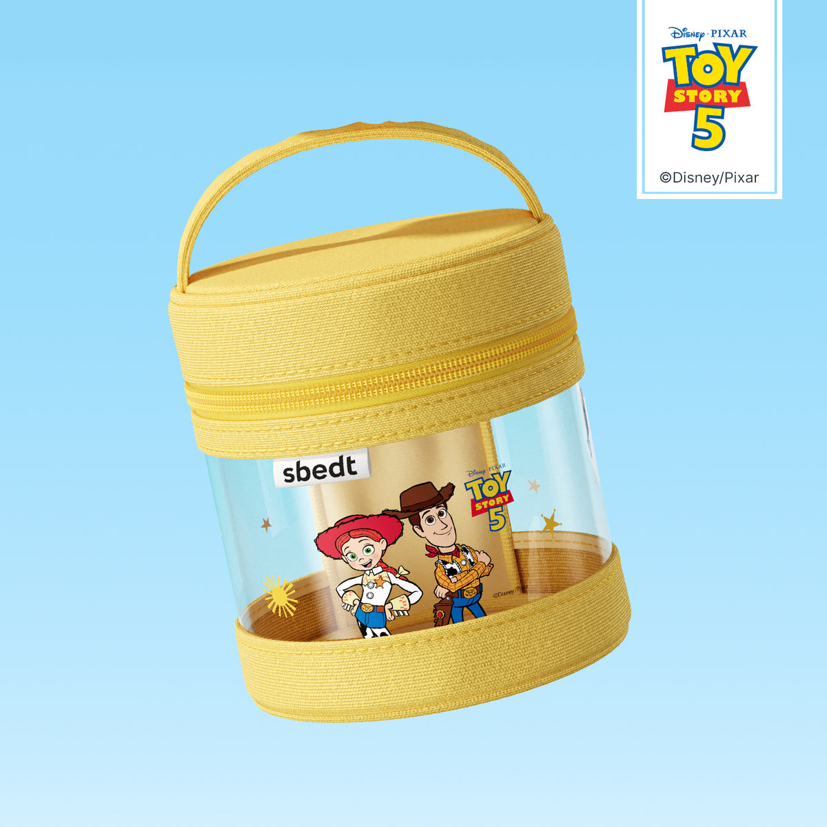 Sungboon Editor x Toy Story 5 cylindrical cosmetic pouch, yellow zip case with handle and clear window showing Jessie and Woody