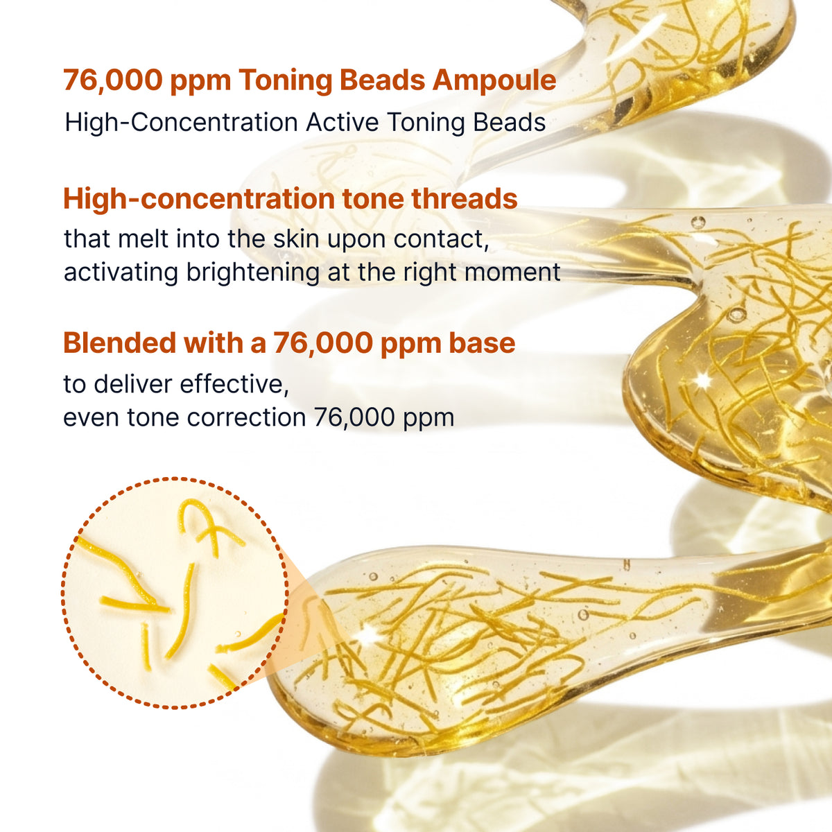 Kojic Acid Niacinamide ampoule with 76,000 ppm toning beads and tone threads that melt in for even tone correction