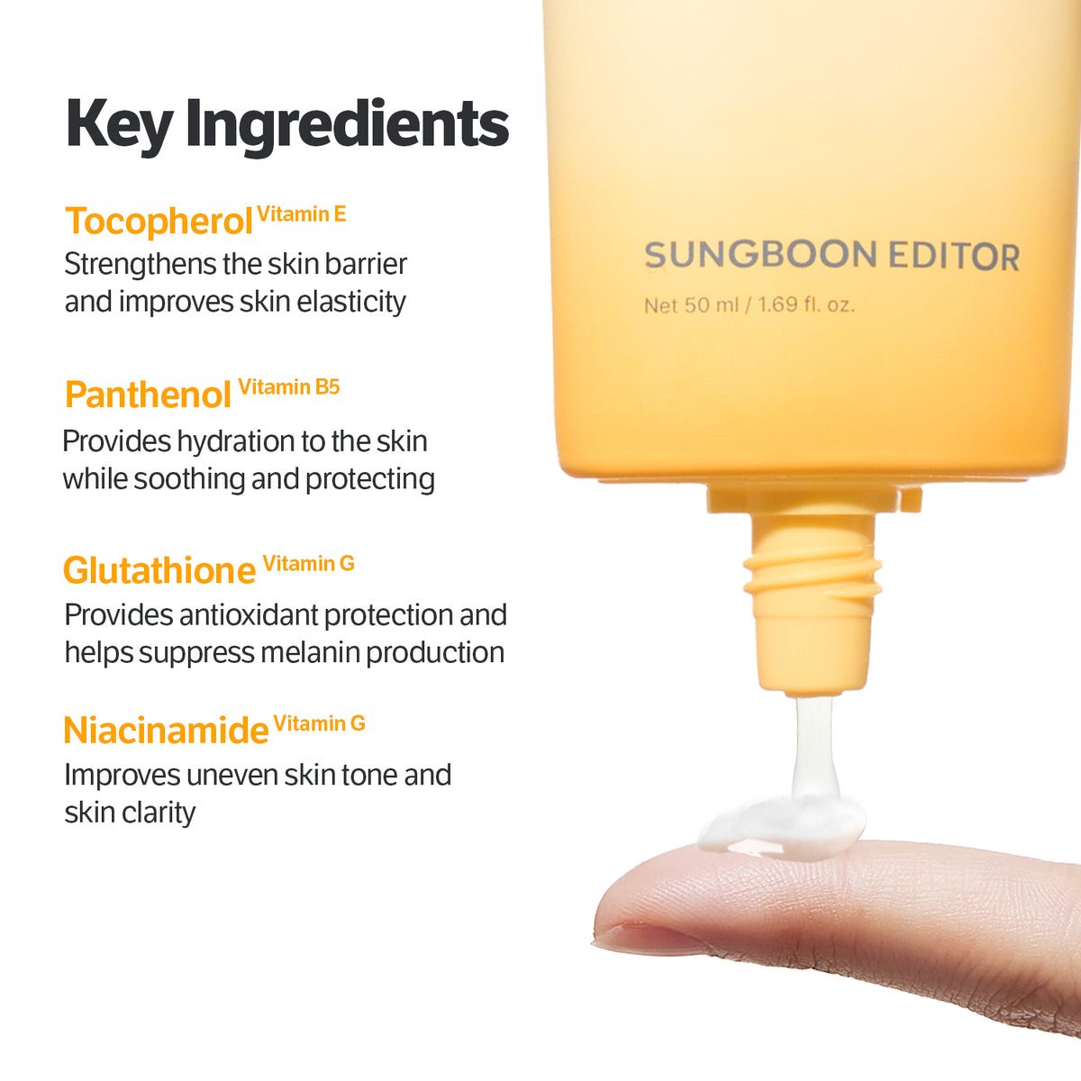 Daily Invisible Blurring Sunscreen key ingredients, tocopherol, panthenol, glutathione and niacinamide for barrier support and even tone