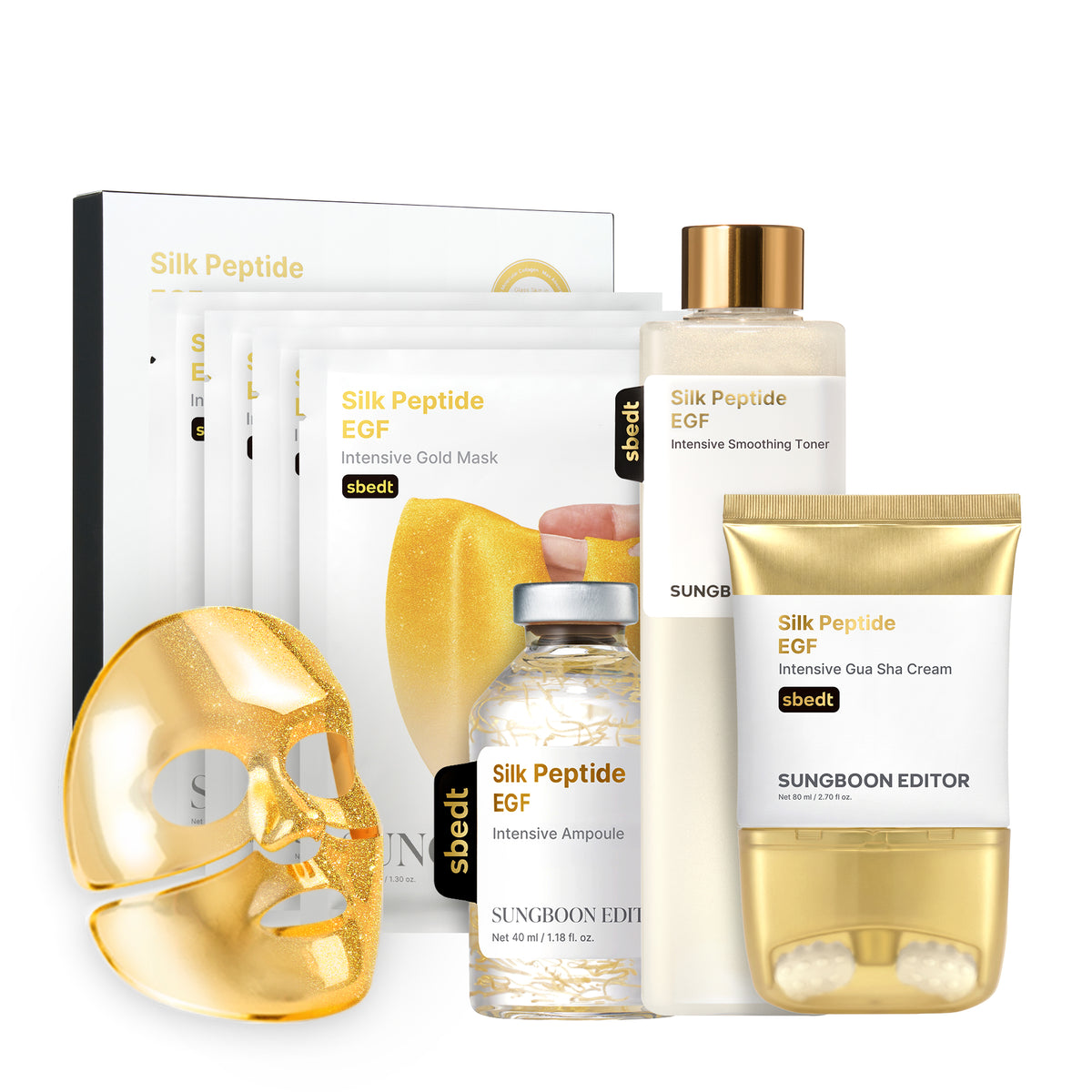 Sungboon Editor Ultimate Lifting Ritual Set, Silk Peptide EGF gua sha cream, smoothing toner, intensive ampoule and gold mask