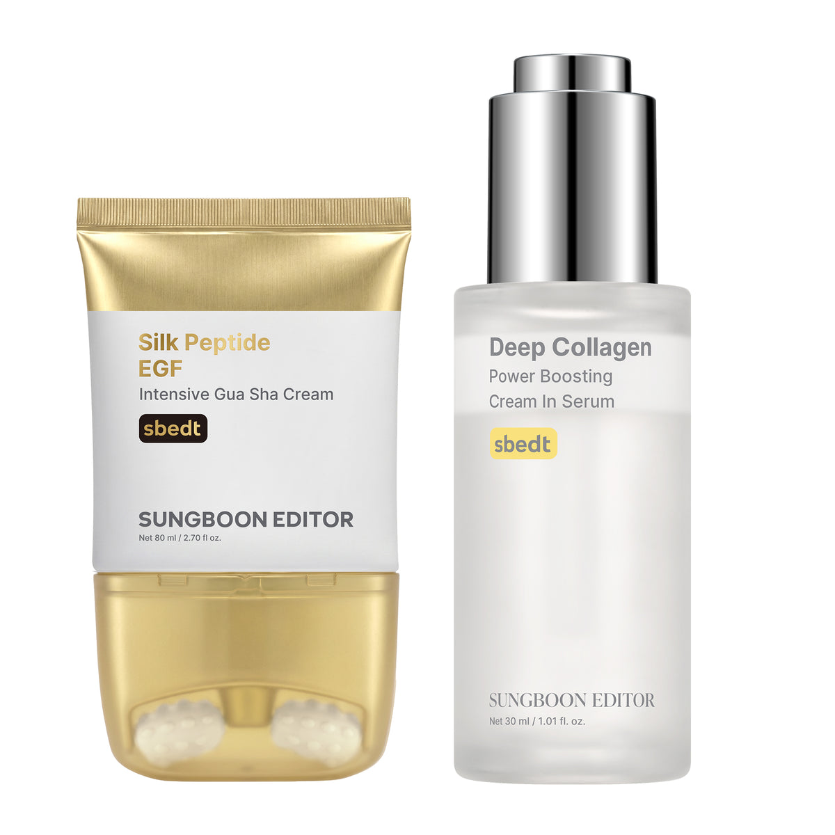 Sungboon Editor Age-Defying Wrinkle Care Duo, Silk Peptide EGF intensive gua sha cream and intensive ampoule
