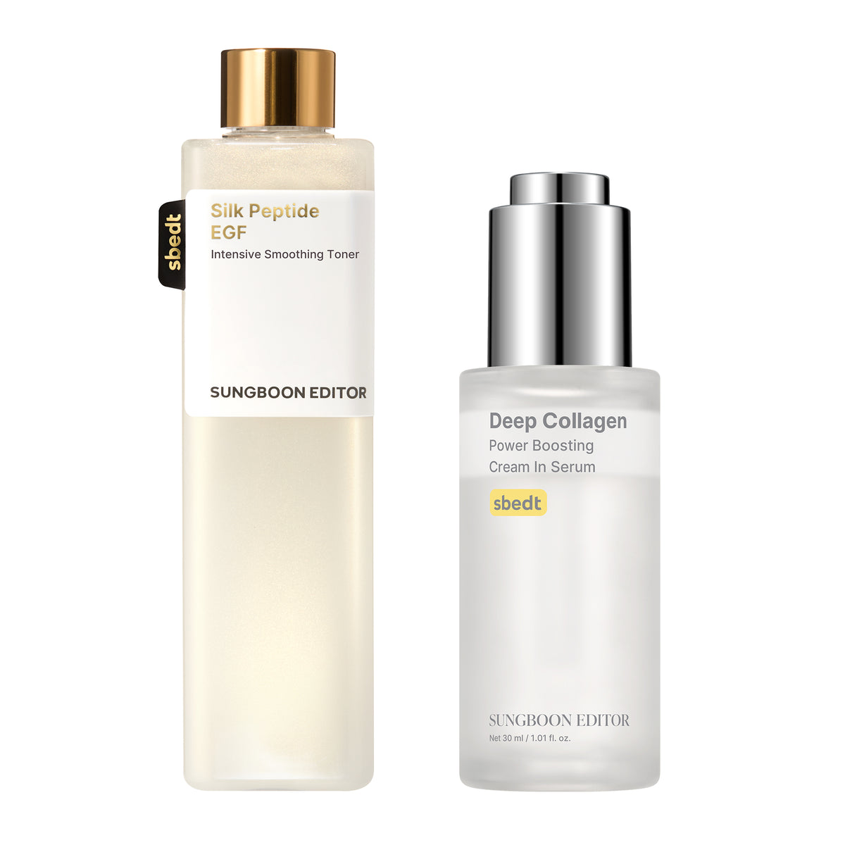 Sungboon Editor Freeze & Plump Duo, Silk Peptide EGF smoothing toner and Deep Collagen power boosting cream in serum