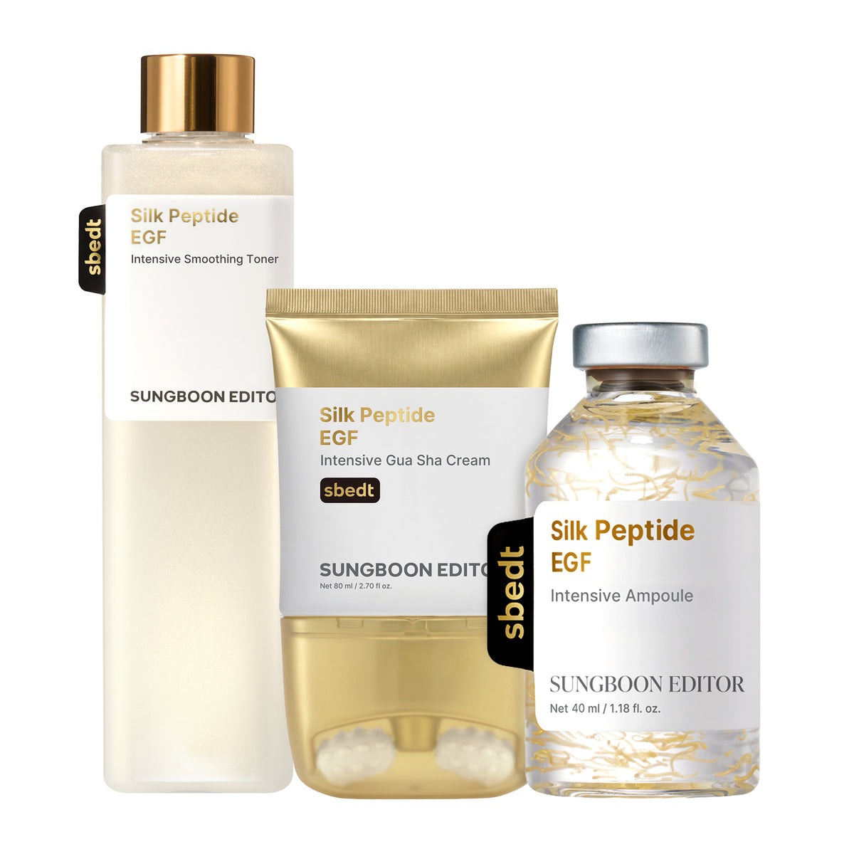 Sungboon Editor 3 Step Daily Lifting Ritual Set, Silk Peptide EGF smoothing toner, intensive gua sha cream and intensive ampoule