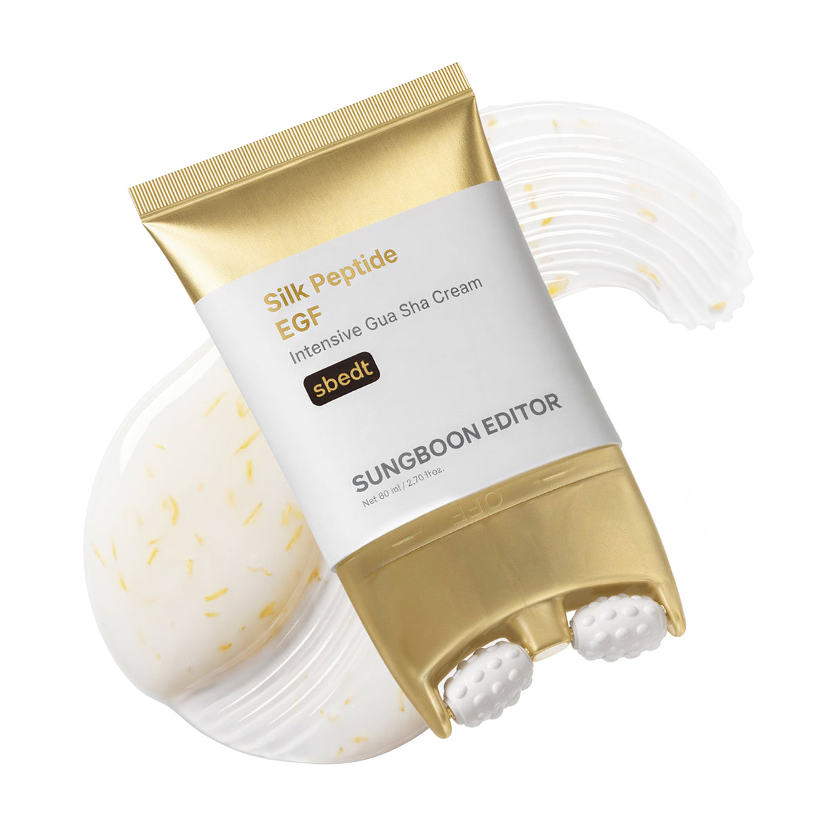 Sungboon Editor Silk Peptide EGF Intensive Gua Sha Neck Cream with built-in peanut-ball roller and gold-thread cream, 80 ml