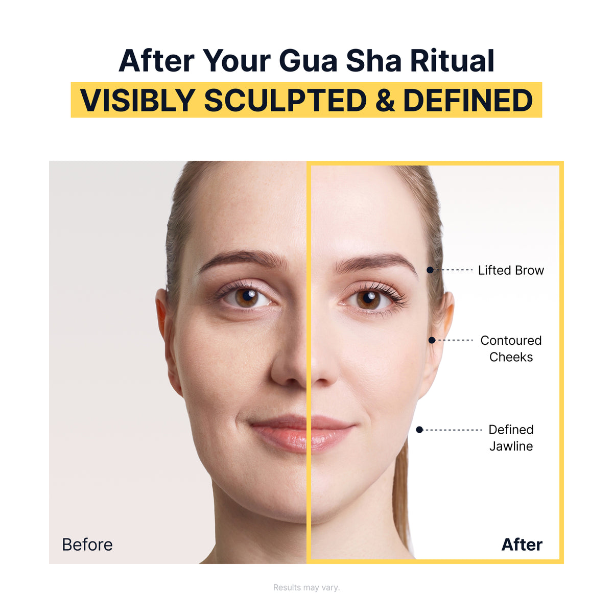 Before and after the Silk Peptide EGF gua sha ritual, visibly sculpted and defined with lifted brow, contoured cheeks and defined jawline