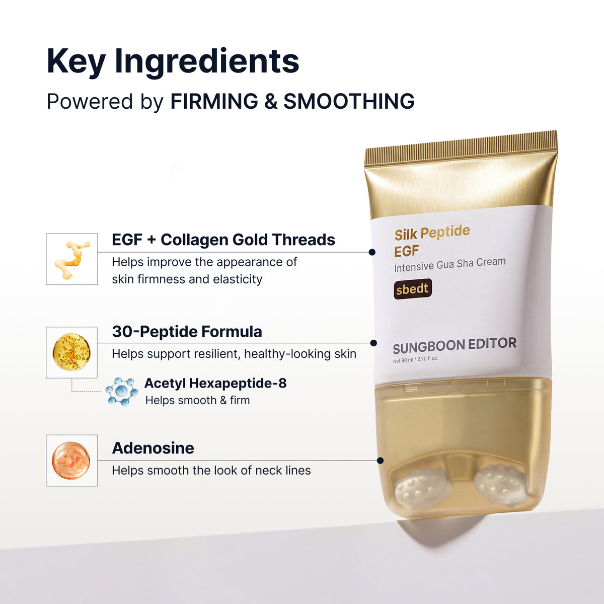 Silk Peptide EGF gua sha cream key ingredients, EGF and collagen gold threads, 30-peptide formula, acetyl hexapeptide-8 and adenosine