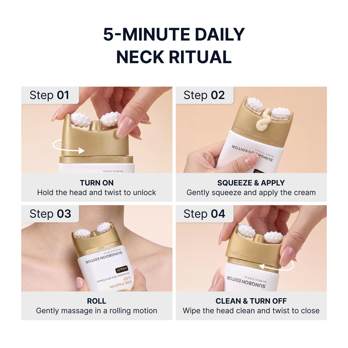 Silk Peptide EGF gua sha neck cream 5-minute ritual, twist to turn on, squeeze and apply, roll to massage, then wipe and turn off