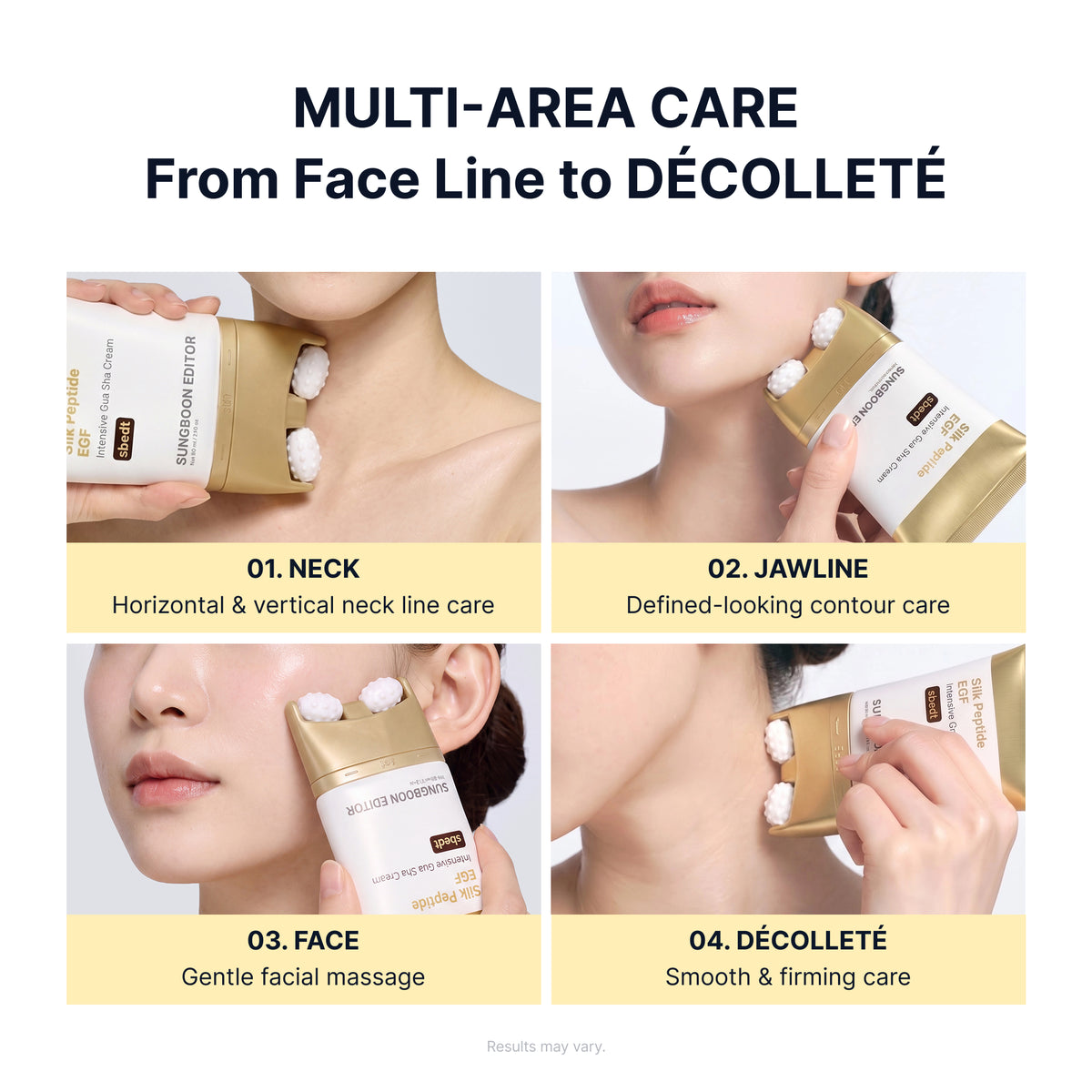 Silk Peptide EGF gua sha cream multi-area care for neck, jawline, face and décolleté, from neck lines to firmer-looking contours